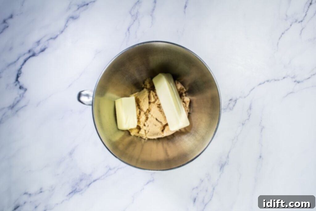 Butter and brown sugar in a mixing bowl