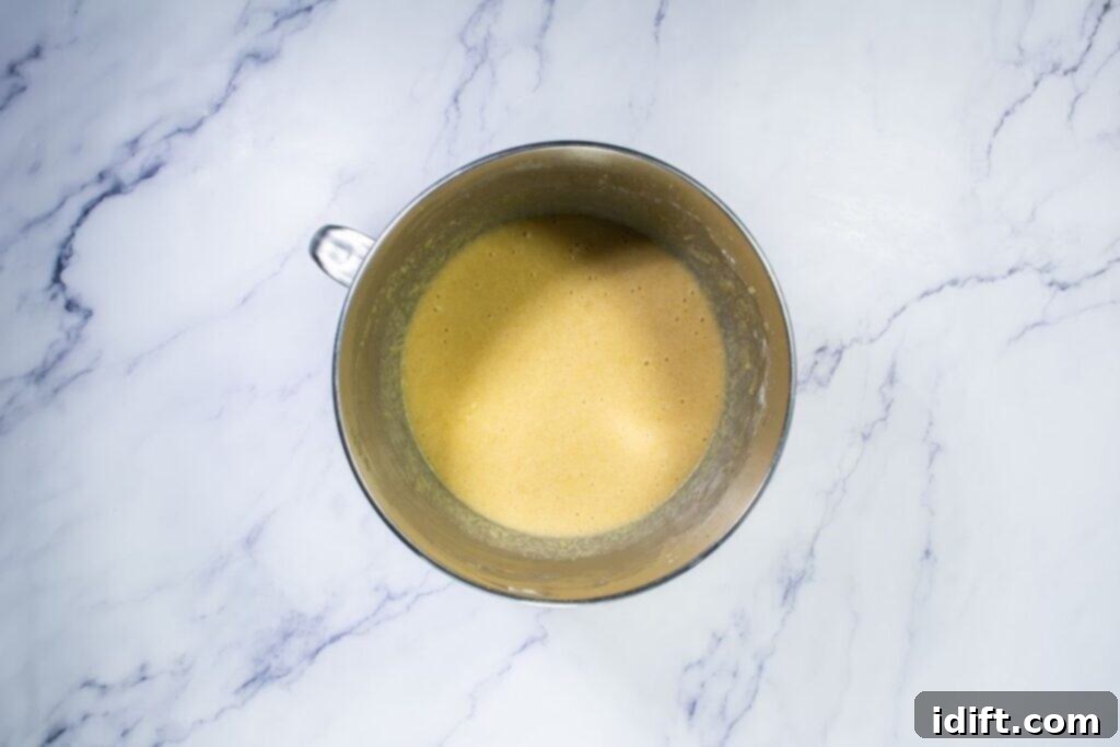 Smooth pecan pie batter in a mixing bowl
