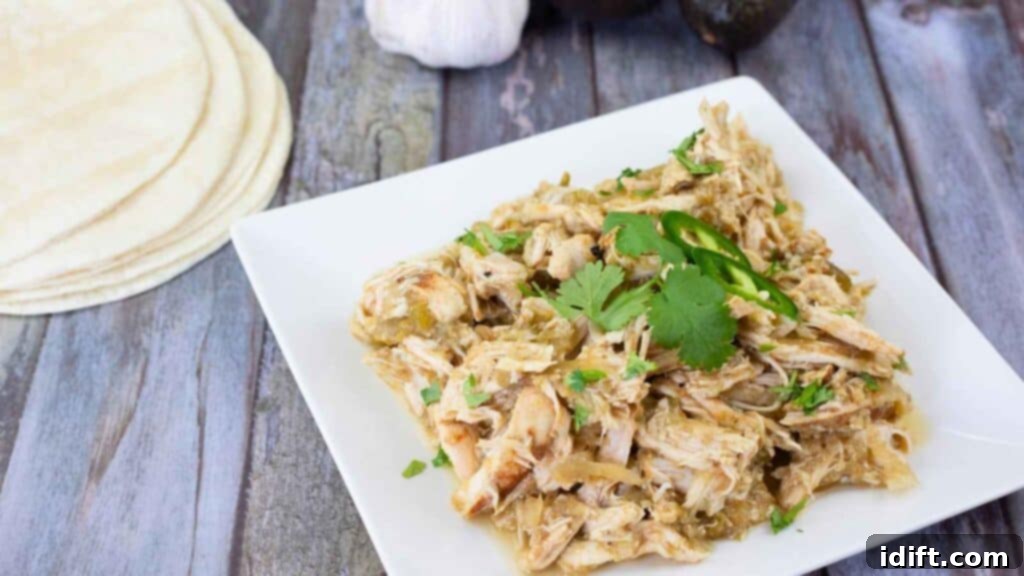 Shredded Hatch Chili Salsa Chicken served with tortillas, jalapeños, and cilantro