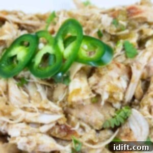 Shredded chicken with green sauce, garnished with sliced jalapeños and fresh cilantro.