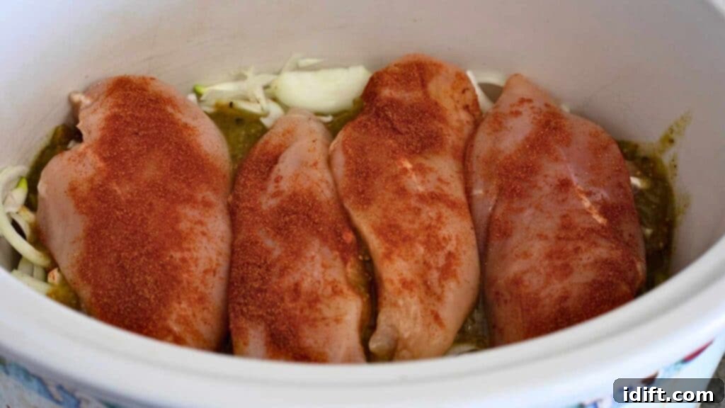 Seasoned chicken breasts arranged on top of salsa and onions in a slow cooker