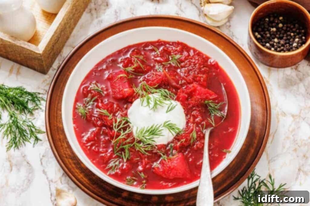 21 Spring-Inspired Dishes to Reinvent Your Week 12 A bowl of borscht with a dollop of sour cream and fresh dill on top, served on a brown plate with a spoon on a marble surface.