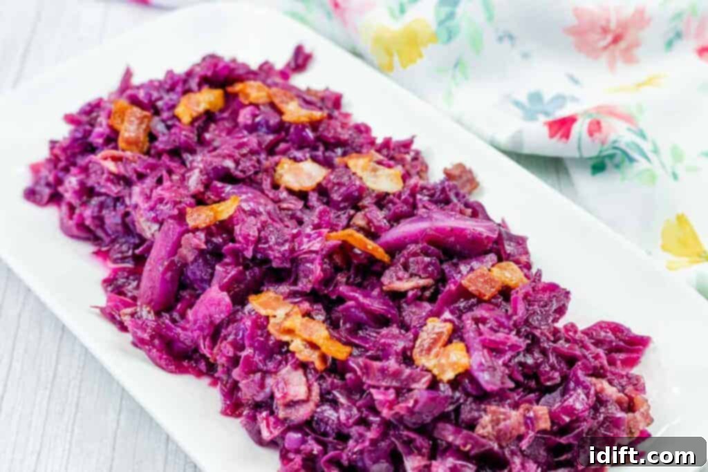 Timeless Kitchen Treasures: Rediscovering Vintage Recipes 12 Sweet & Sour Red Cabbage with Bacon, a vibrant and flavorful side dish.