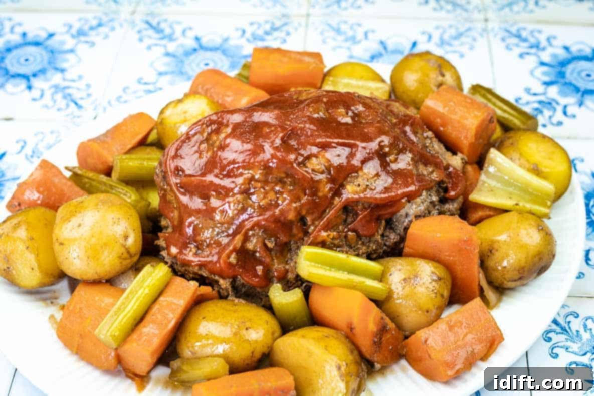 Timeless Kitchen Treasures: Rediscovering Vintage Recipes 3 A comforting plate of Mom’s Stovetop Meatloaf with Braised Vegetables, topped with a tangy tomato sauce.