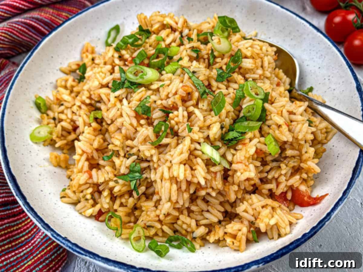 Timeless Kitchen Treasures: Rediscovering Vintage Recipes 6 A plate of flavorful Mexican Rice, garnished with fresh green onions and herbs.