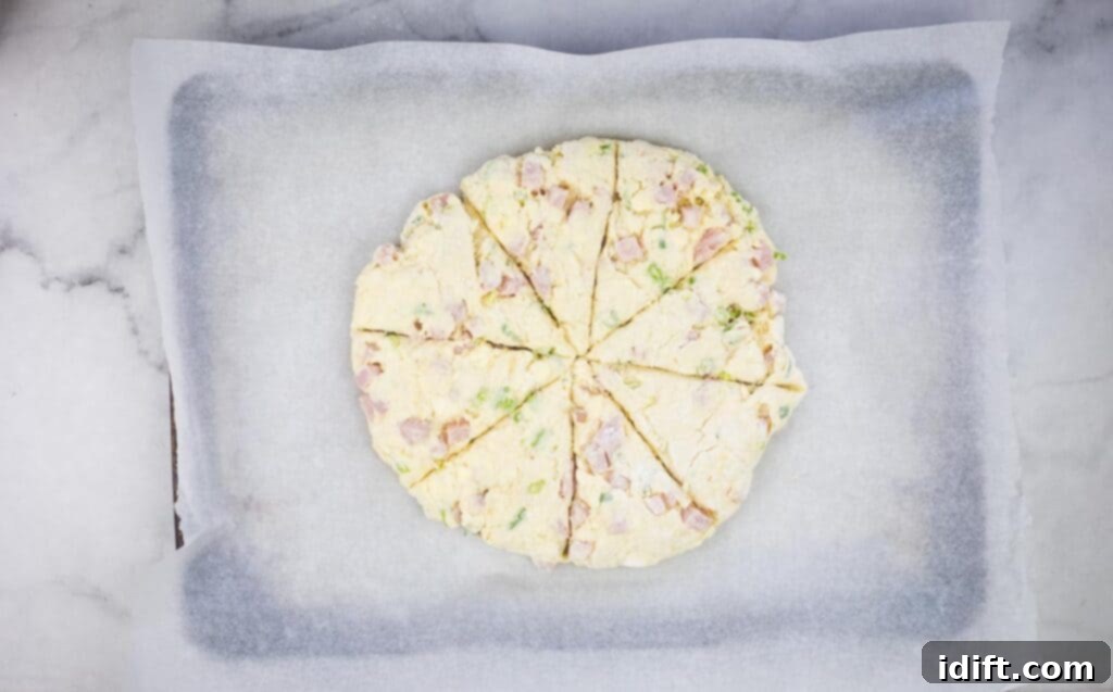Ham & Cheese Scone dough patted into round shape and cut into wedges